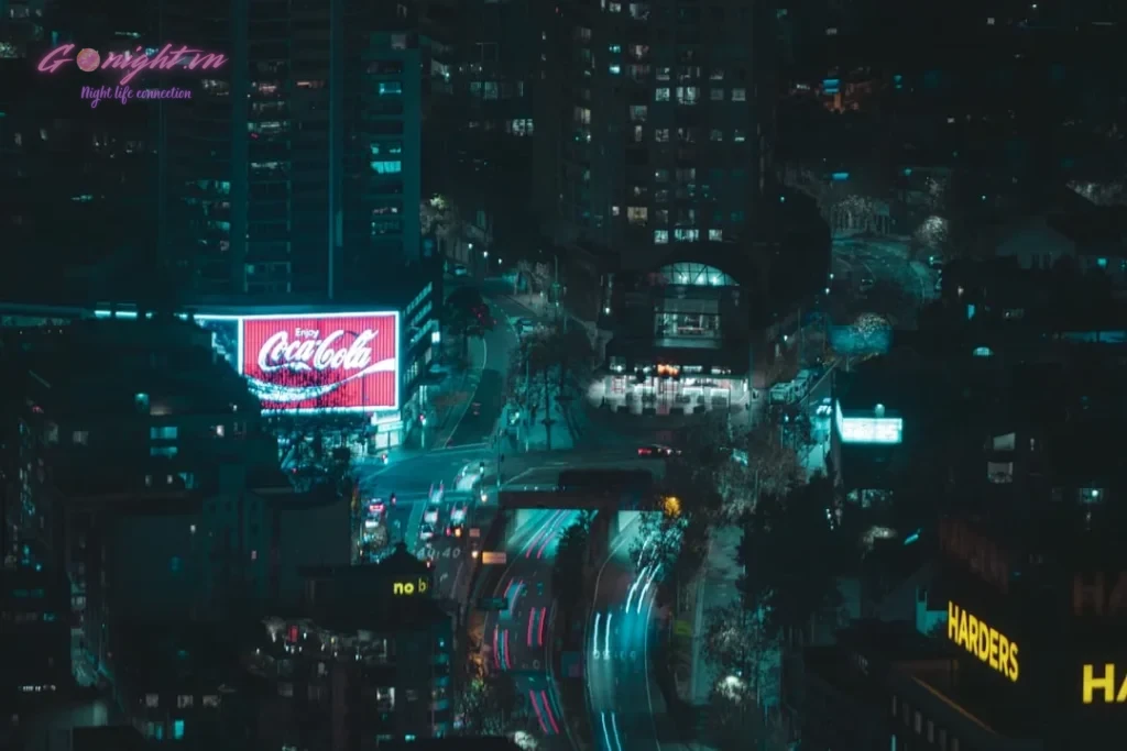 A view of a city at night from above