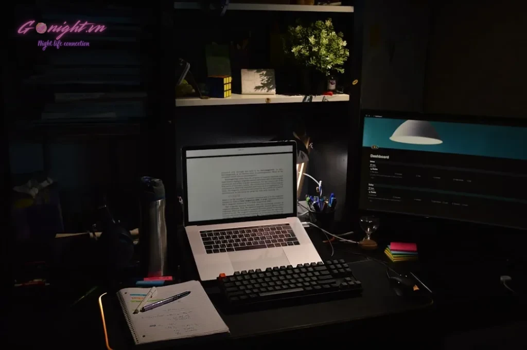 a laptop sits on a desk