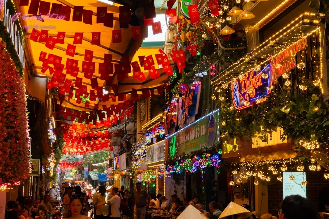 Decorated street with lanterns and lights during festival