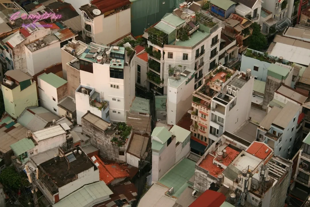 Aerial view of densely packed urban buildings