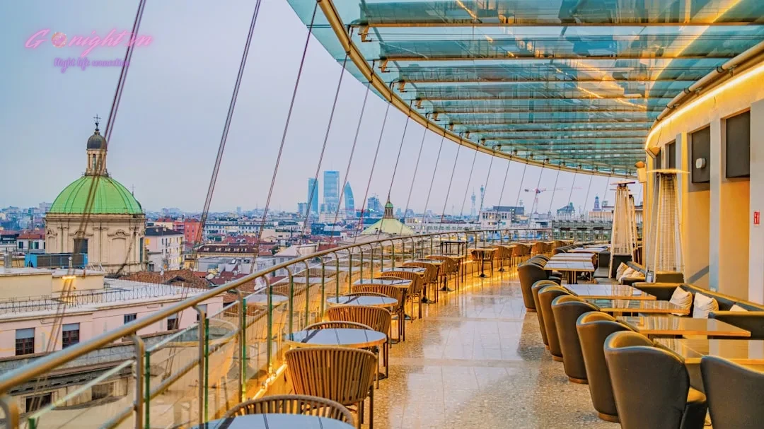 Modern rooftop restaurant with city view