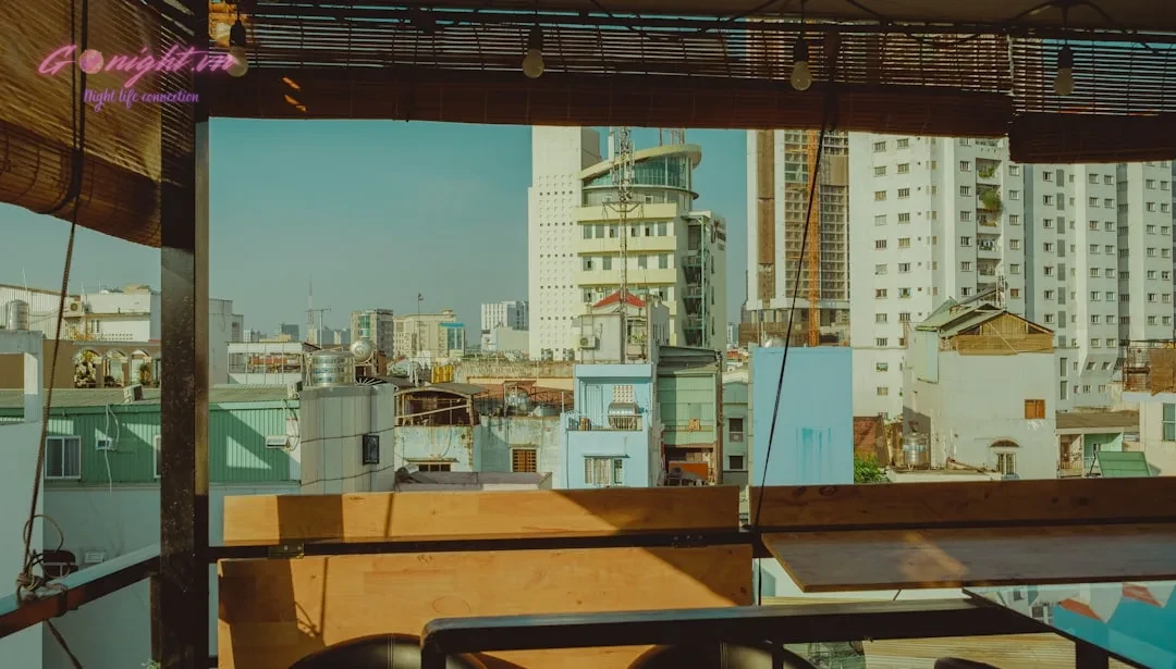 A cityscape viewed through a window.