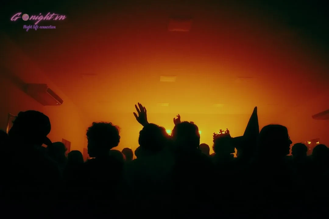 Crowd silhouetted against a vibrant orange sunset