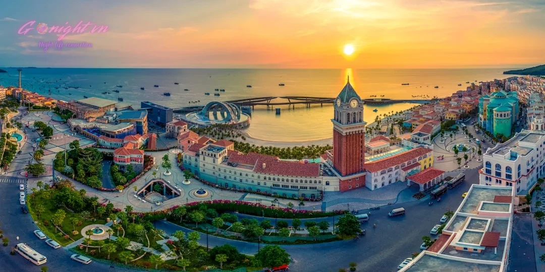 A bird's eye view of a city with a clock tower