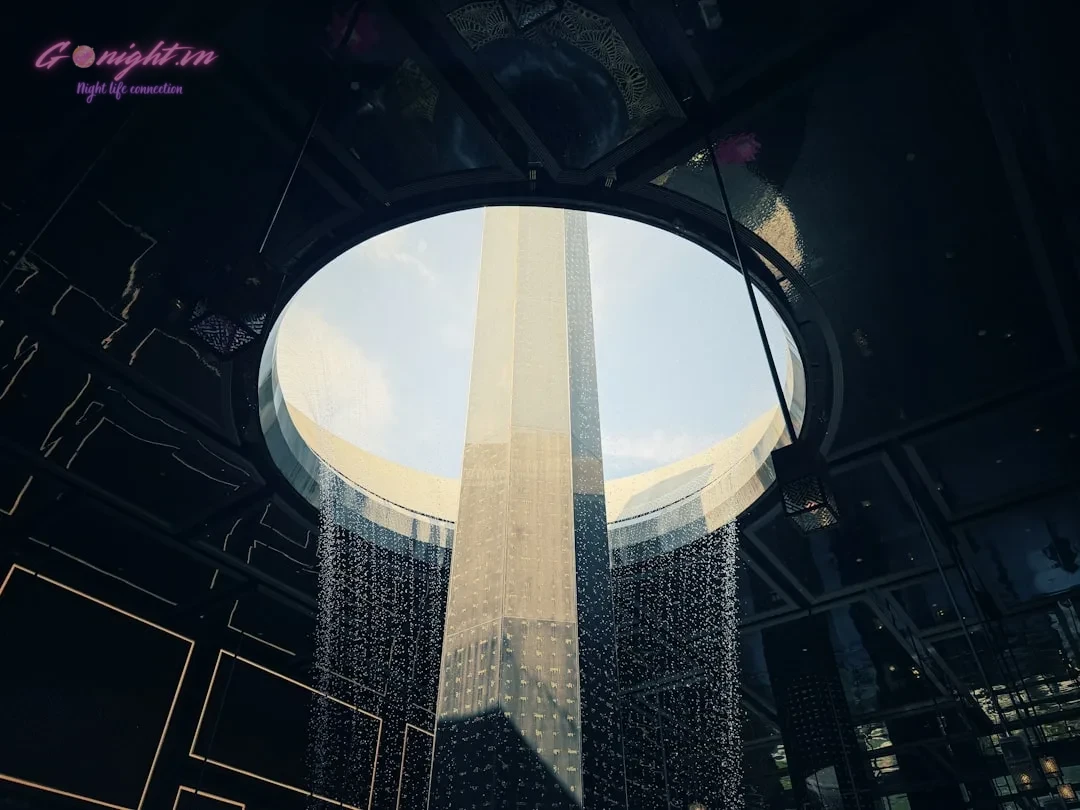 Modern skyscraper viewed through a circular opening