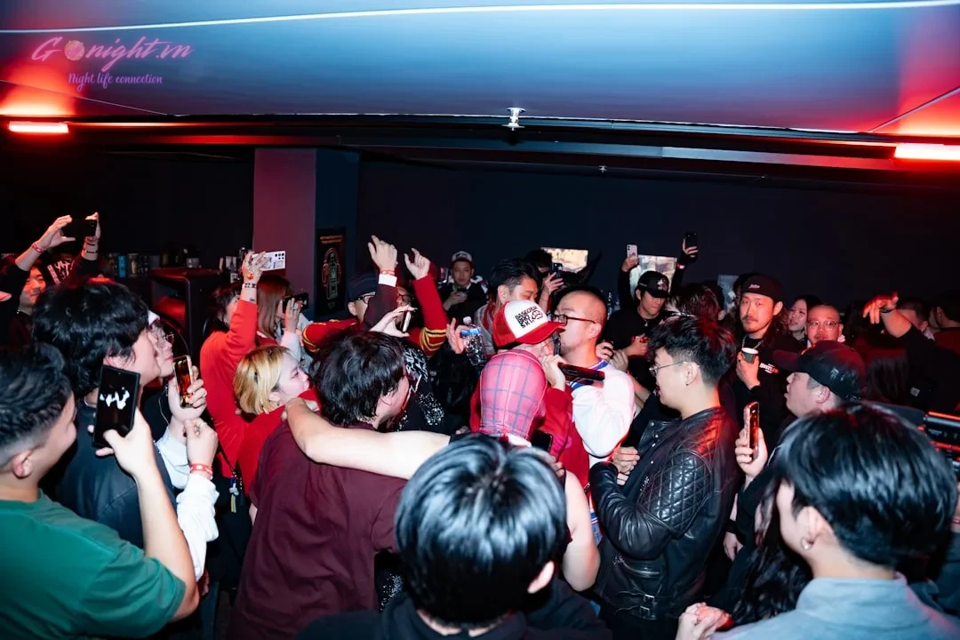 Crowd cheering at a lively concert event