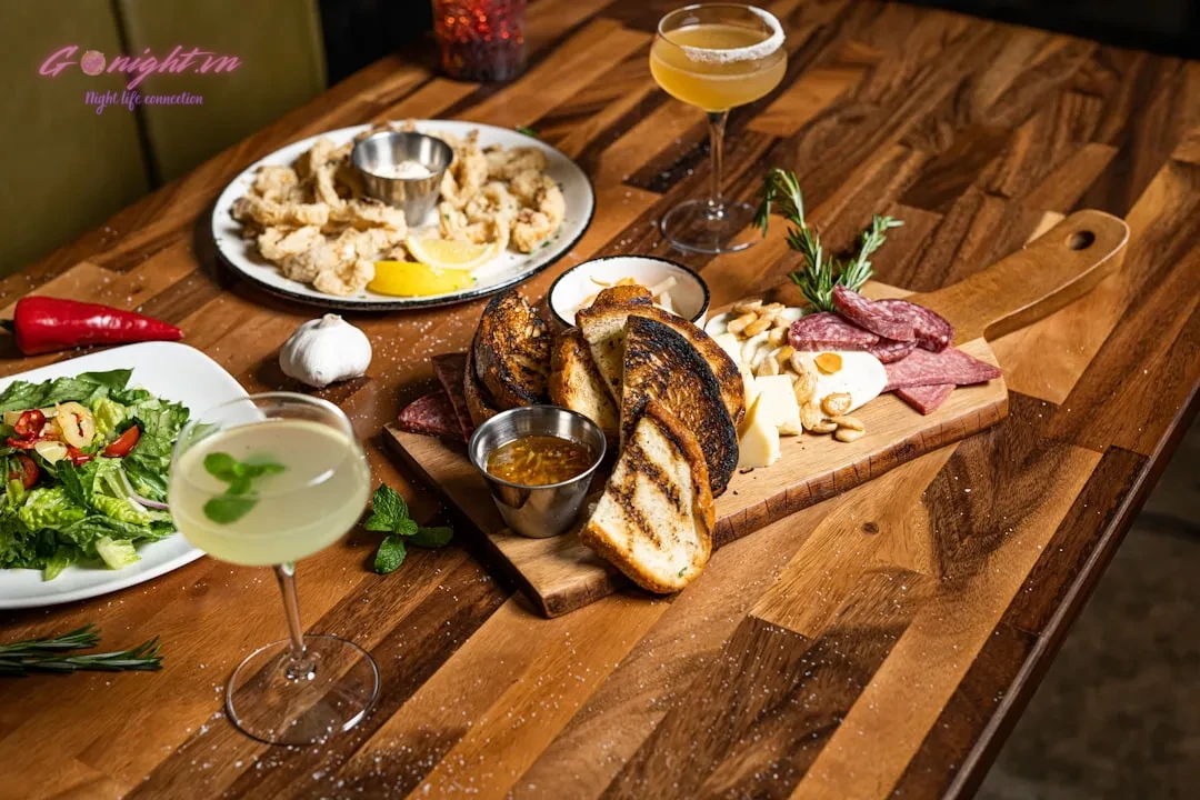 a table with food and drinks on it